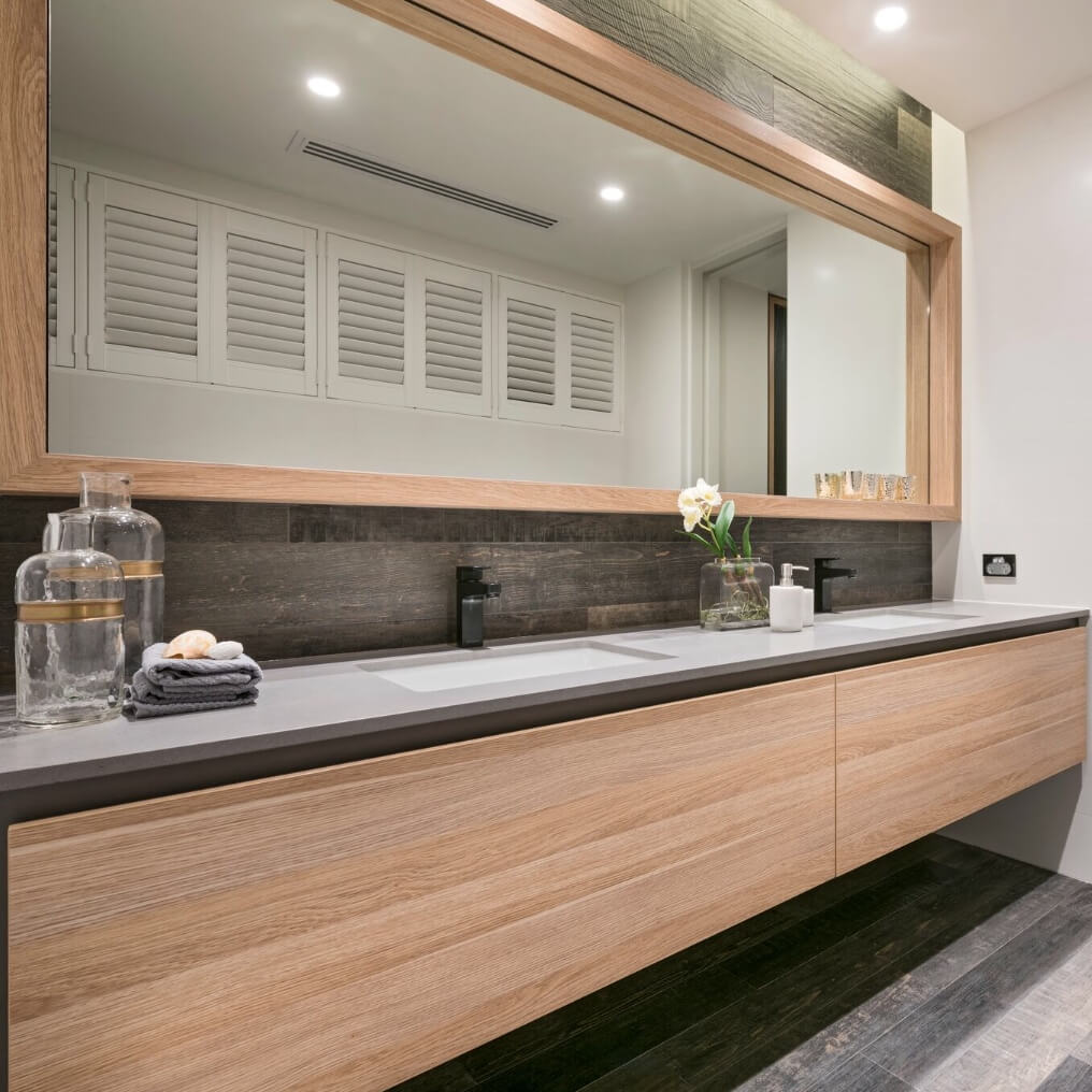 marble engineered stone bathroom display with rectangle mirror